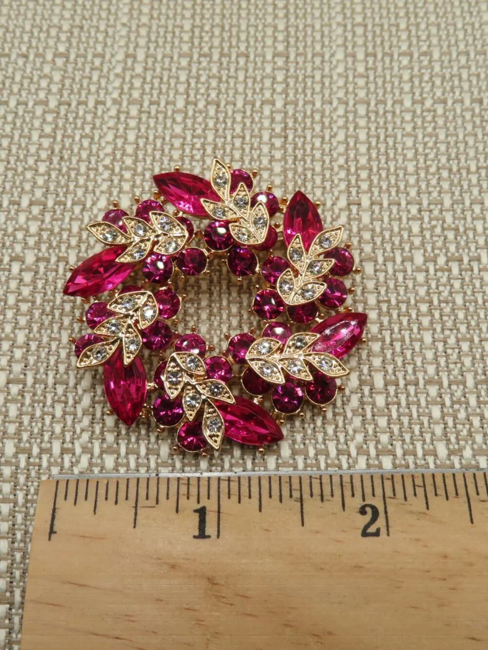 Pink Clear Floral Gold Tone Brooch